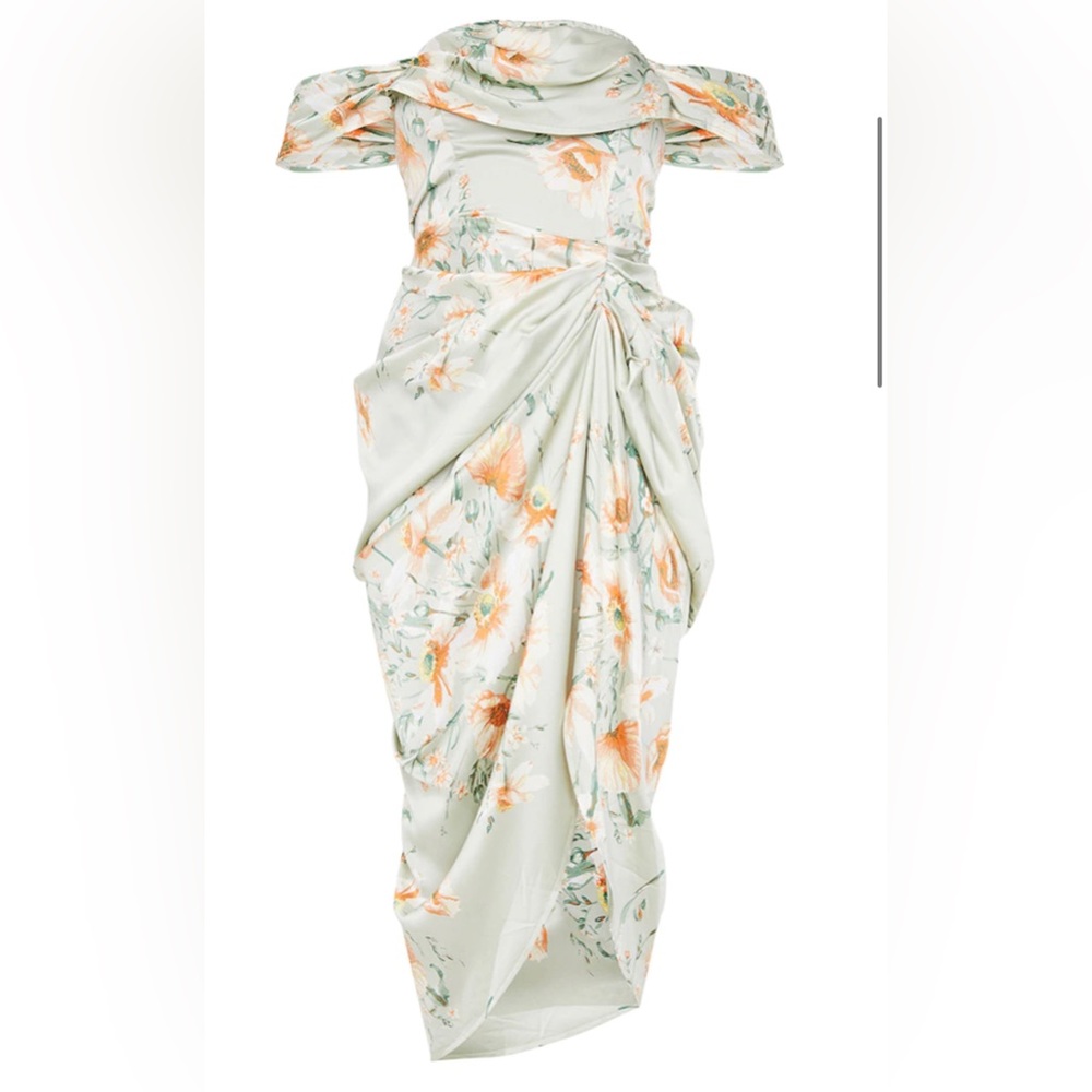 Light pastel green off shoulder floral slit dress